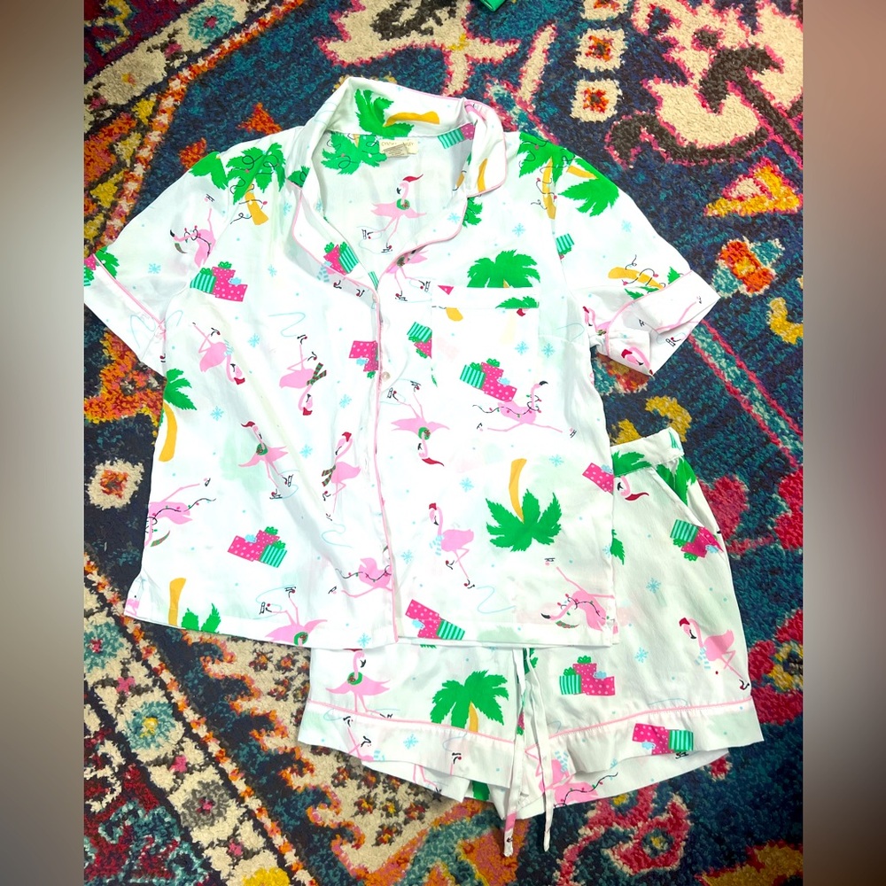 Cynthia Rowley pj set Christmas palm trees flamingo
